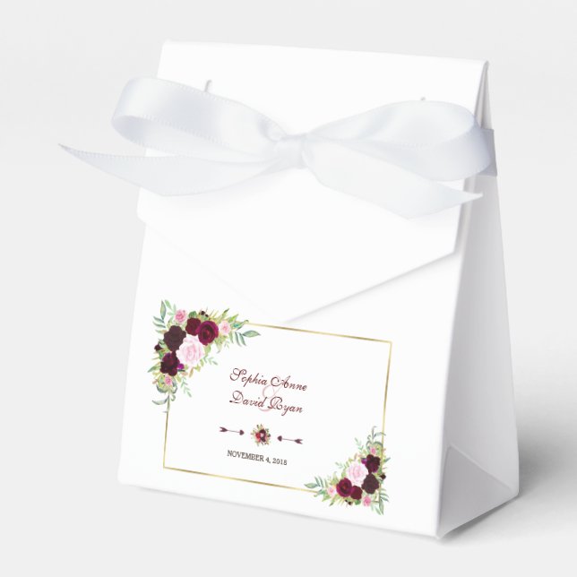 Chic Royal Burgundy Marsala Floral Wedding Favour Box (Front Side)