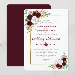 Chic Royal Burgundy Marsala Floral Wedding Invitation