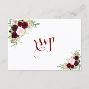 Chic Royal Burgundy Marsala Floral Wedding RSVP Card