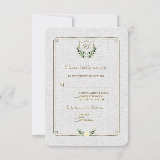 Chic Royal Gold Crest Lush Greenery Wedding RSVP (Front)