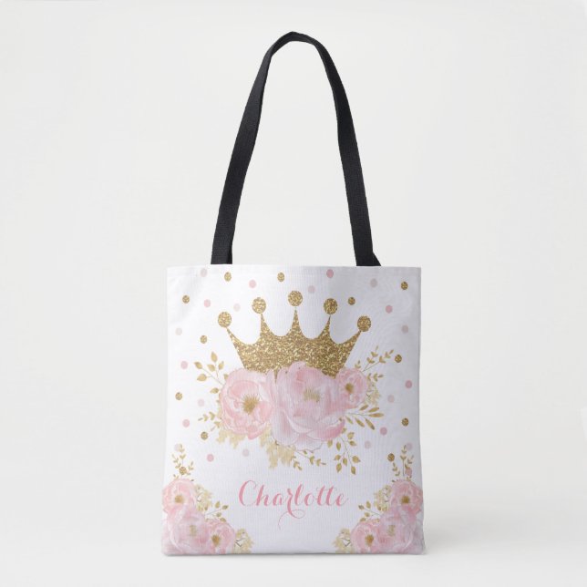 Chic Royal Gold Crown + Blush Pink Floral Princess Tote Bag (Front)