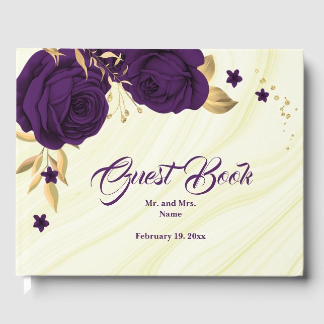 chic royal purple floral gold leaves guest book (Front)