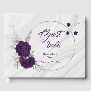 chic royal purple floral silver leaves geometric guest book