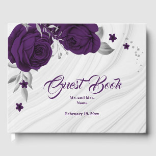 chic royal purple floral silver leaves guest book