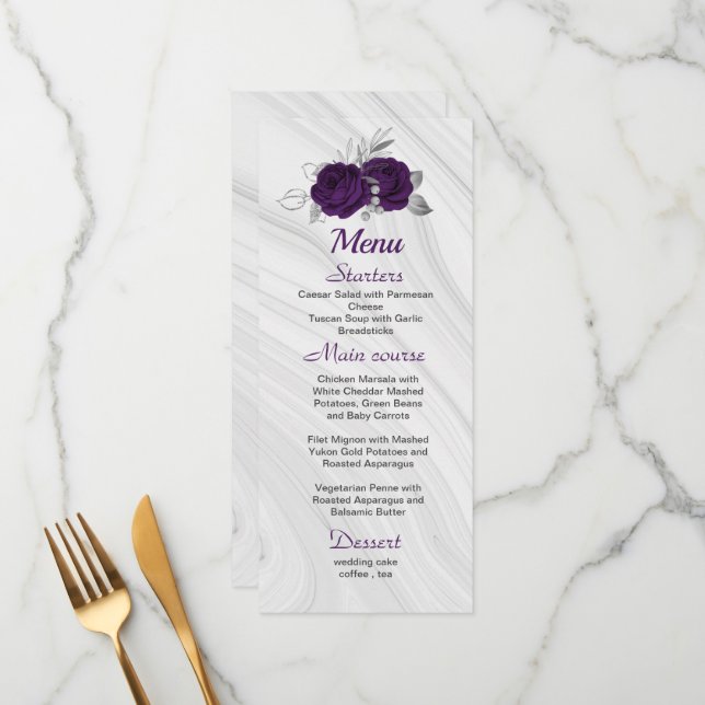 chic royal purple silver grey floral wedding menu (Front/Back In Situ)