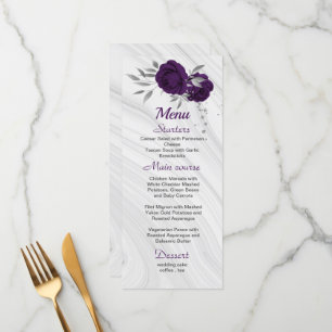 chic royal purple silver grey floral wedding menu
