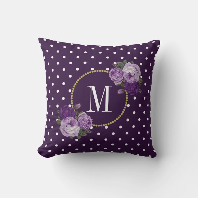 Chic Royal Purple Vintage Flowers Dots Monogram Cushion (Front)