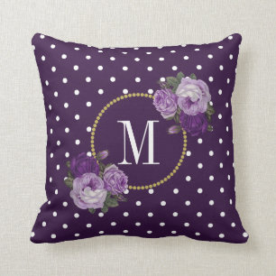 Chic Royal Purple Vintage Flowers Dots Monogram Cushion