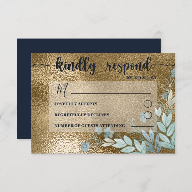 Chic RSVP Navy and Gold Foliage Wedding (Front/Back)
