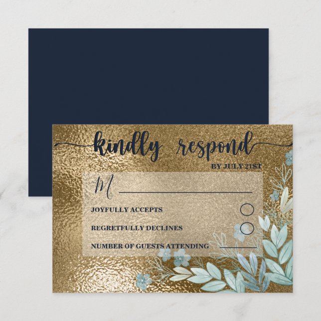 Chic RSVP Navy and Gold Foliage Wedding Card (Front/Back)
