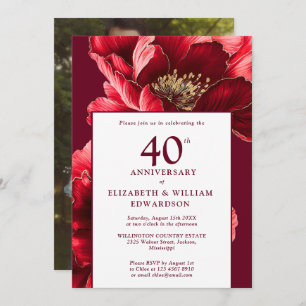 Chic Ruby Red Floral 40th Anniversary Photo Invitation
