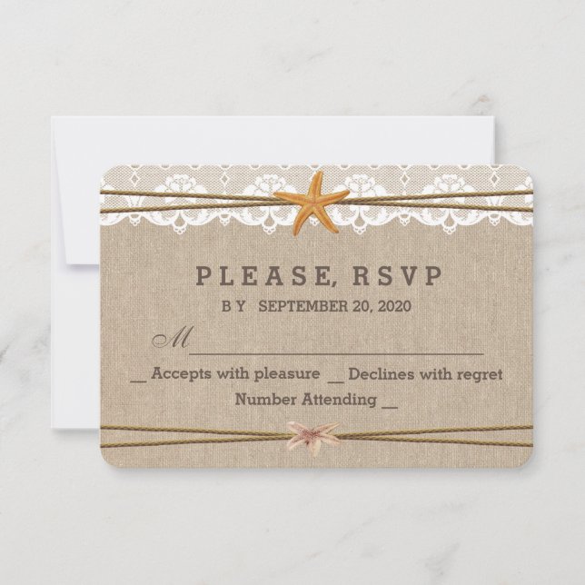 Chic Rustic Beach Starfish Lace Wedding RSVP (Front)