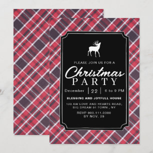 Chic Rustic Black Plaid Reindeer Christmas Party Invitation