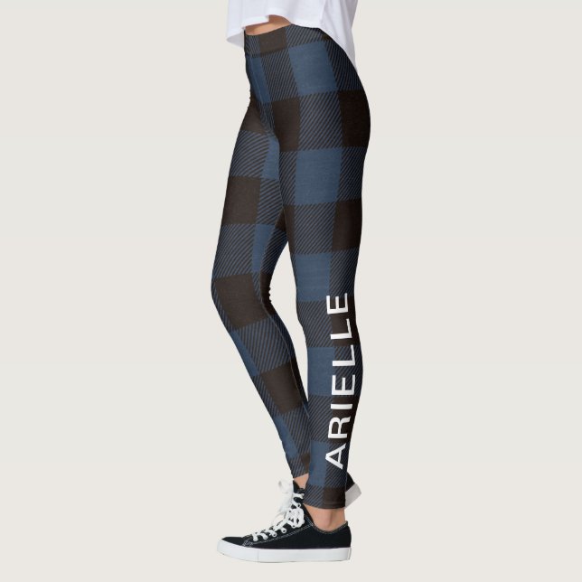 Chic Rustic Blue Buffalo Print with Name Leggings (Left)