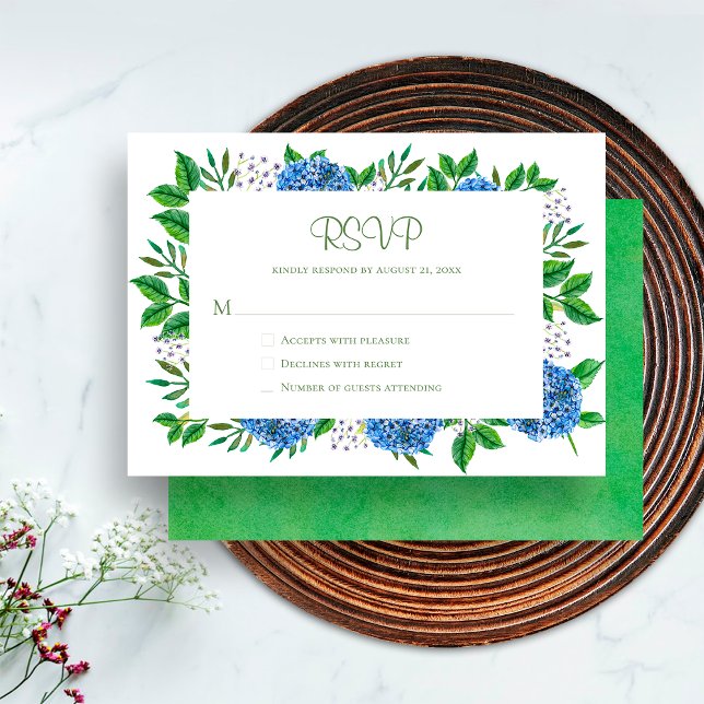Chic Rustic Blue Hydrangeas Watercolor RSVP Card (Front / Back)
