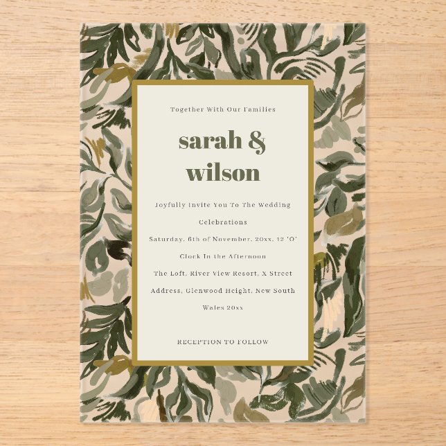 Chic Rustic Boho Retro Green Botanical Wedding Acrylic Invitations (Front)