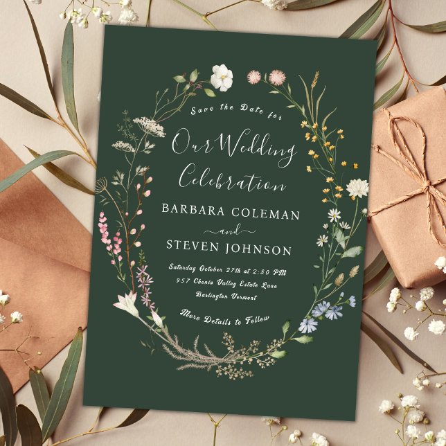 Chic Rustic Boho Wildflower Forest Green Wedding Invitation (Creator Uploaded)