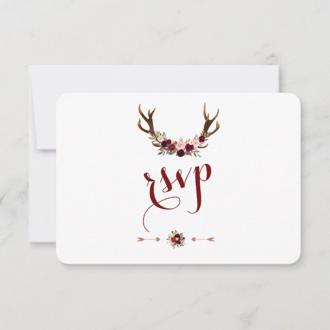 Chic Rustic Burgundy Marsala Floral Antlers RSVP (Front)