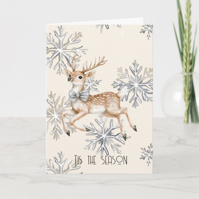 Chic Rustic Christmas Cream Deer Snowflakes Card (Front)