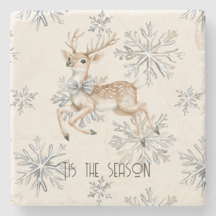 Chic Rustic Christmas Cream Deer Snowflakes Stone Coaster