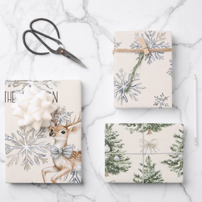 Chic Rustic Christmas Cream Deer Snowflakes Wrapping Paper Sheet (Front)