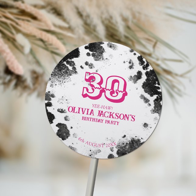 Chic Rustic Cow Print Hot Pink 30th Birthday Party Classic Round Sticker (Creator Uploaded)