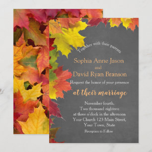 Chic Rustic Fall Leaves Chalkboard Wedding Invitation