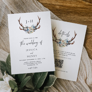 Chic Rustic Floral Antlers QR Code Wedding Invitation