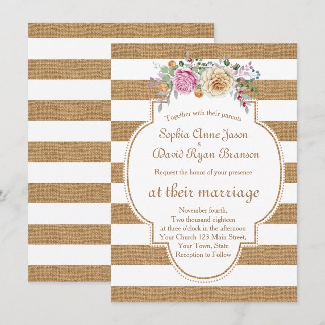 Chic Rustic Floral Burlap Stripes Wedding Invite (Front/Back)