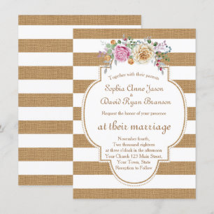 Chic Rustic Floral Burlap Stripes Wedding Invite