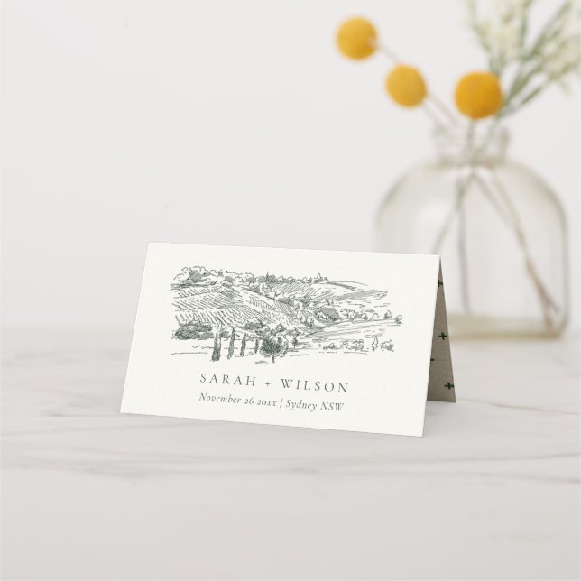 Chic Rustic Green Winery Mountain Sketch Wedding Place Card (Front)