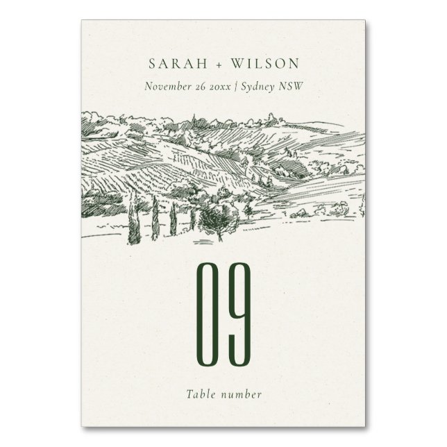 Chic Rustic Green Winery Mountain Sketch Wedding Table Number (Front)