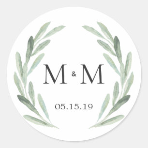 Chic & Rustic Green Wreath Monogram Wedding Favour Classic Round Sticker