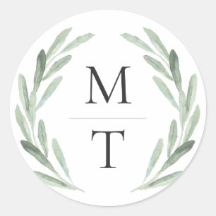 Chic & Rustic Green Wreath Monogram Wedding Favour Classic Round Sticker