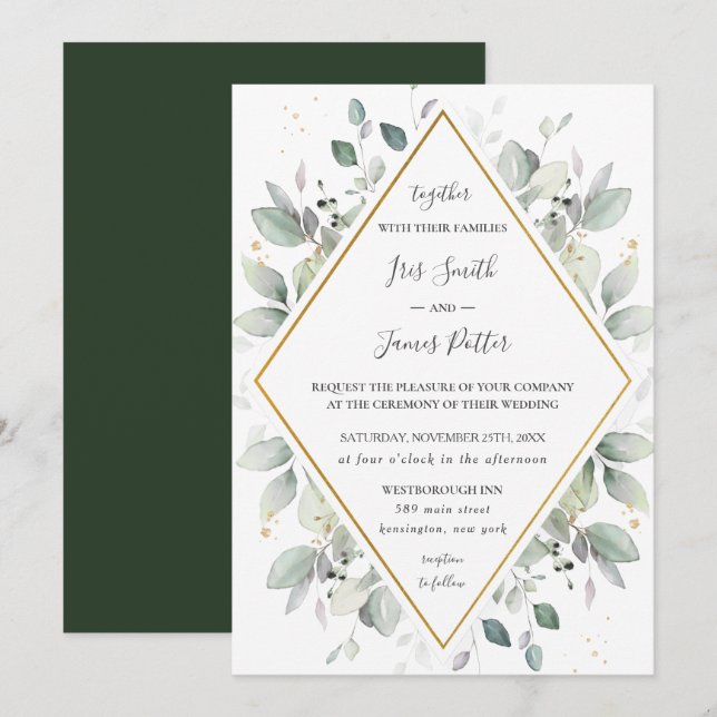 Chic Rustic Greenery Gold Green Foliage Wedding  I Invitation (Front/Back)