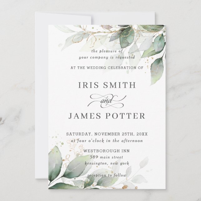 Chic Rustic Greenery Leafy Foliage Gold Wedding Invitation (Front)