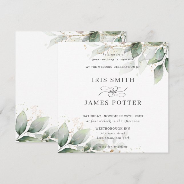 Chic Rustic Greenery Leafy Foliage Gold Wedding Invitation (Front/Back)
