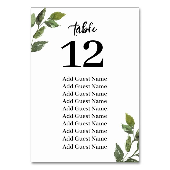 Chic Rustic Greenery Table Number Seating Chart (Front)