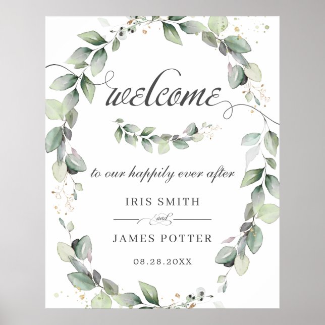 Chic Rustic Greenery Wreath Wedding Welcome Sign (Front)