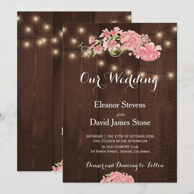Chic rustic lights blush peonies barn wood wedding invitation (Front/Back)