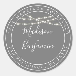 Chic Rustic Lights Grey Wedding Return Address Classic Round Sticker