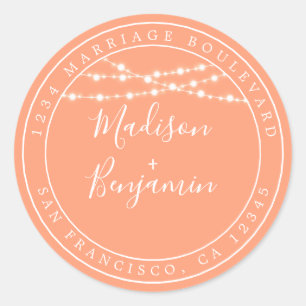 Chic Rustic Lights Orange Wedding Return Address Classic Round Sticker