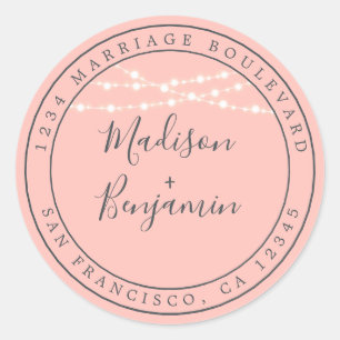 Chic Rustic Lights Pink Wedding Return Address Classic Round Sticker