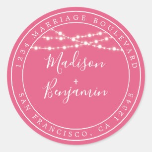 Chic Rustic Lights Pink Wedding Return Address Classic Round Sticker