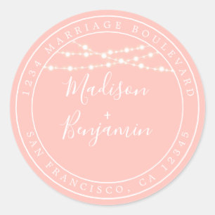 Chic Rustic Lights Pink Wedding Return Address Classic Round Sticker