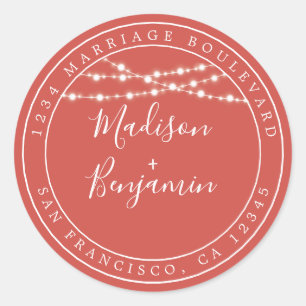Chic Rustic Lights Red Wedding Return Address Classic Round Sticker
