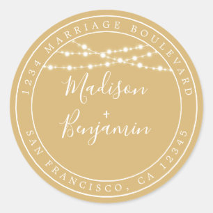 Chic Rustic Lights Yellow Wedding Return Address Classic Round Sticker