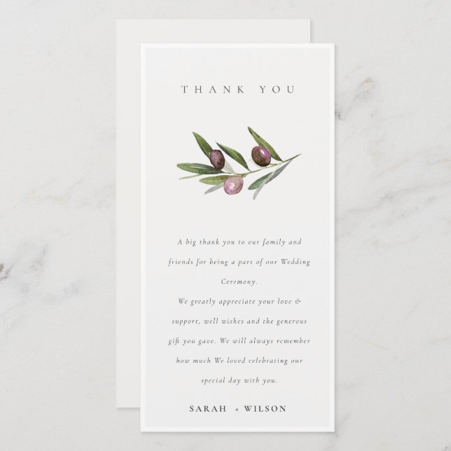 Chic Rustic Minimal Olive Branch Foliage Wedding Thank You Card (Front/Back)