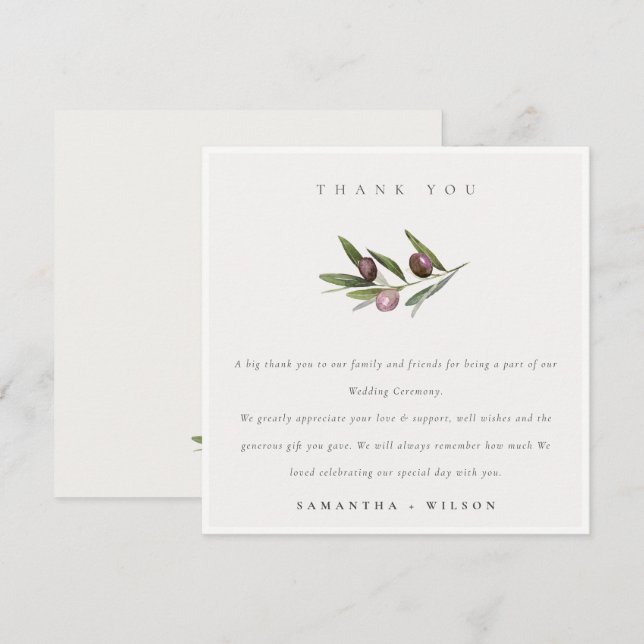 Chic Rustic Minimal Olive Branch Foliage Wedding Thank You Card (Front/Back)