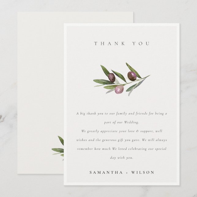 Chic Rustic Minimal Olive Branch Foliage Wedding Thank You Card (Front/Back)
